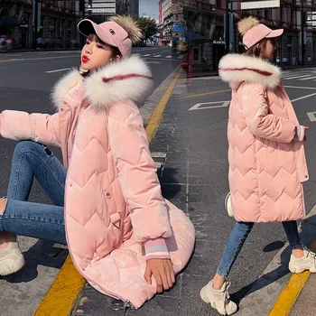 

Winter jacket Winter New Korean Edition Long Thickened Cotton-padded Jacket Large Hair Neck and Down Cotton-padded Garment
