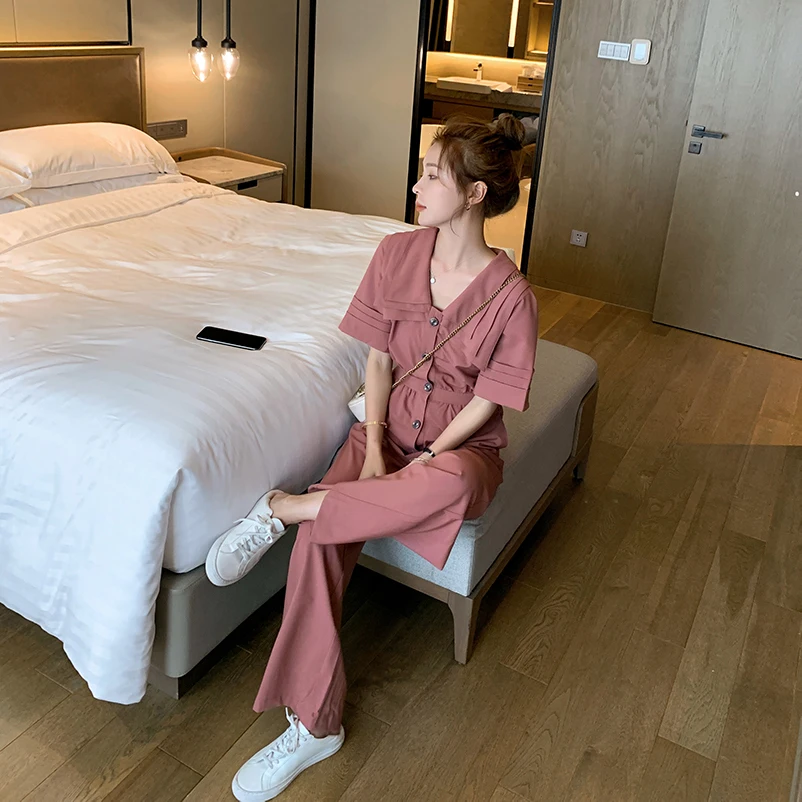 2020 Summer Women Short Sleeve Multilayer Collar Design Loose Casual Wide Leg Pants Jumpsuits Female Elegant Romper Overalls 2020 Summer Women Short Sleeve Multilayer Collar Design Loose Casual Wide Leg Pants Jumpsuits Female Elegant Romper Overalls