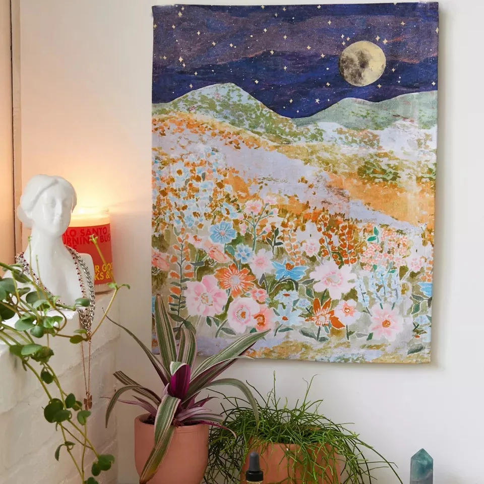 

Golden Flower Moon Phase Boho Decor Dorm Background Cloth Sun Landscape Tapestry Art Psychedelic Mountain Wall Hanging Covering