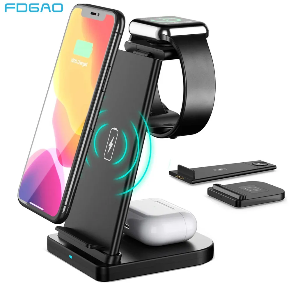 FDGAO 15W Qi Wireless Charger 3 in 1 Type C Fast Charging Station For iPhone 12 11 XS XR X 8 Apple Watch 6 5 4 3 2 AirPods Pro