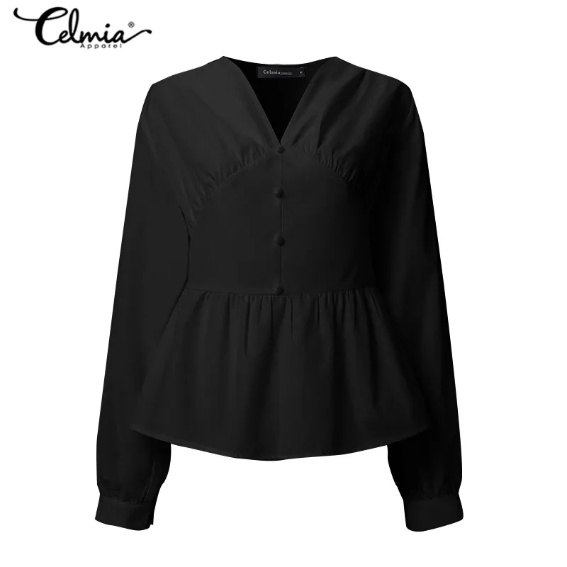 Celmia Women Fashion Solid Ruffles Blouses Long Sleeve Buttons Casual Shirts Ladies Sexy V-Neck OL Tops Elegant Blusas Femininas