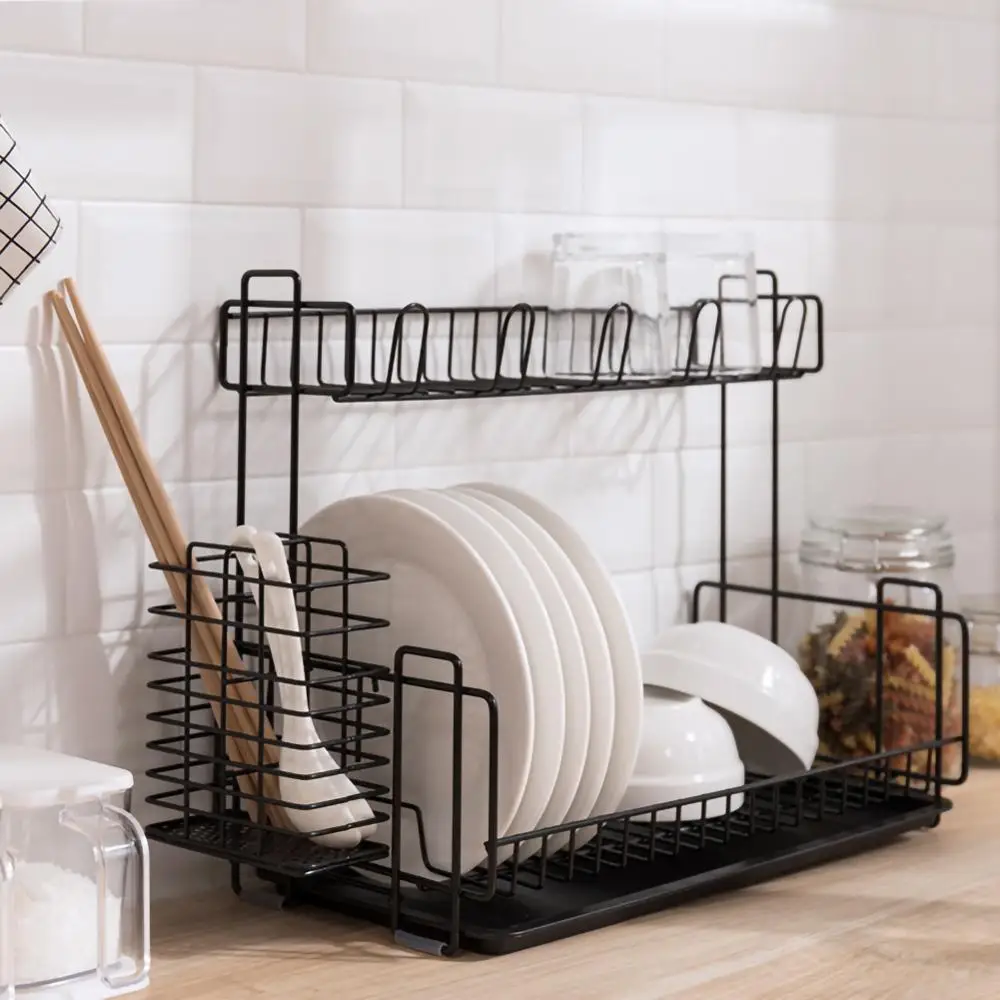 Double Layer Dish Drying Drain Rack Shelf Tableware Hold