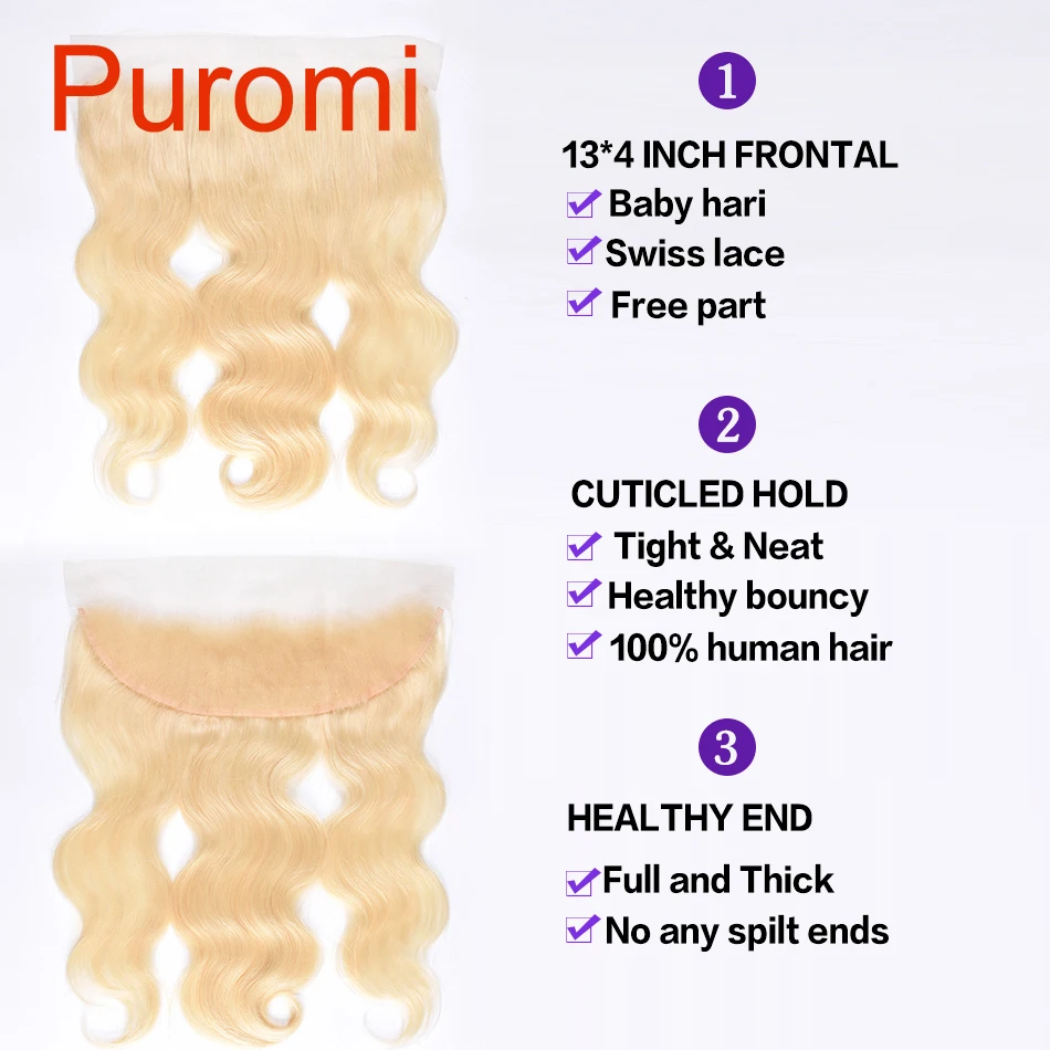 Puromi объемная волна 13X4 кружева Фронтальная застежка с волосами младенца человеческие волосы 613# Цвет средний коэффициент Реми человеческие волосы часть