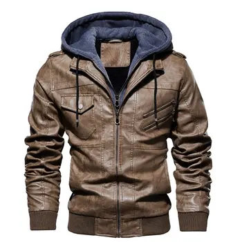 

Men Leather Jacket Safari style Locomotive Casual Slim Fit Hooded Washed PU Faux Leather Coat Thick Plus Leather Clothes