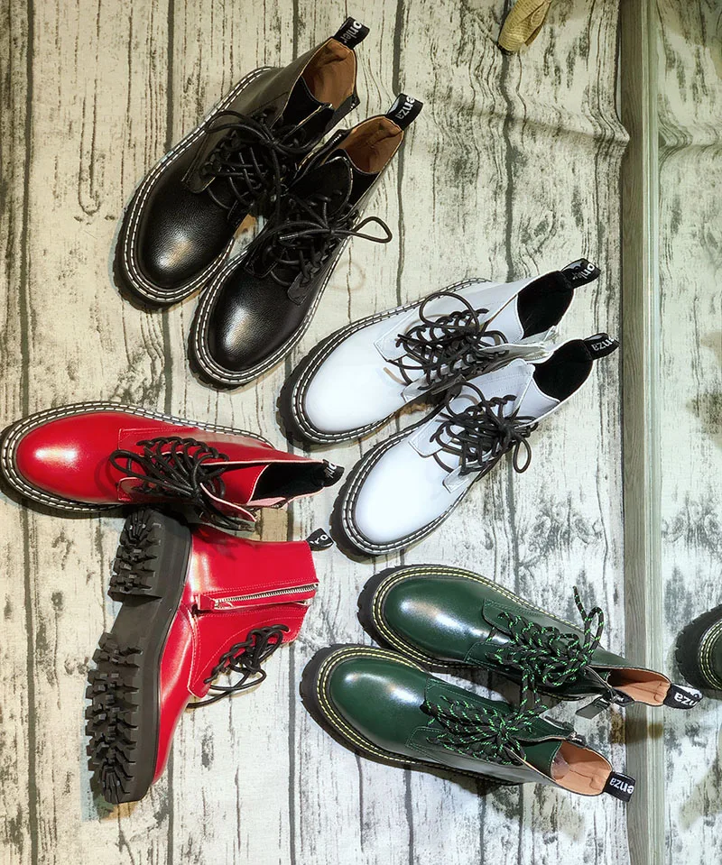 Красные ботинки; модные ботинки Martens на низком каблуке со шнуровкой; женские ботильоны; ботинки в байкерском стиле в стиле панк; обувь на молнии; цвет зеленый, белый, черный
