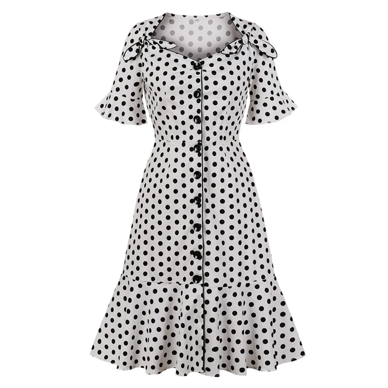 Tonval/Белое однобортное платье в горошек с узлом спереди, 50 штук, гофрированная манжета и подол, элегантные вечерние винтажные платья