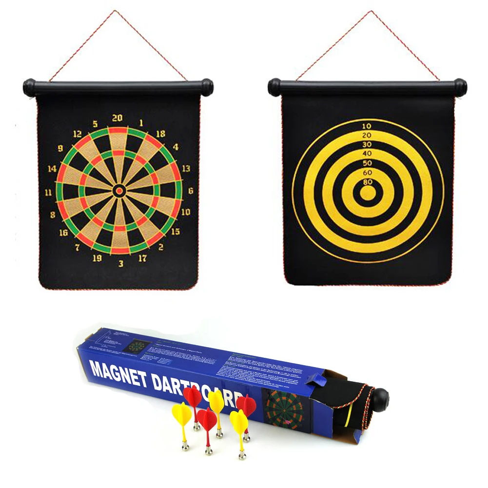 Dart Board Game Roll-Up Magnetic 2 Sided Dartboard Bullseye Target Plus 6 Child 