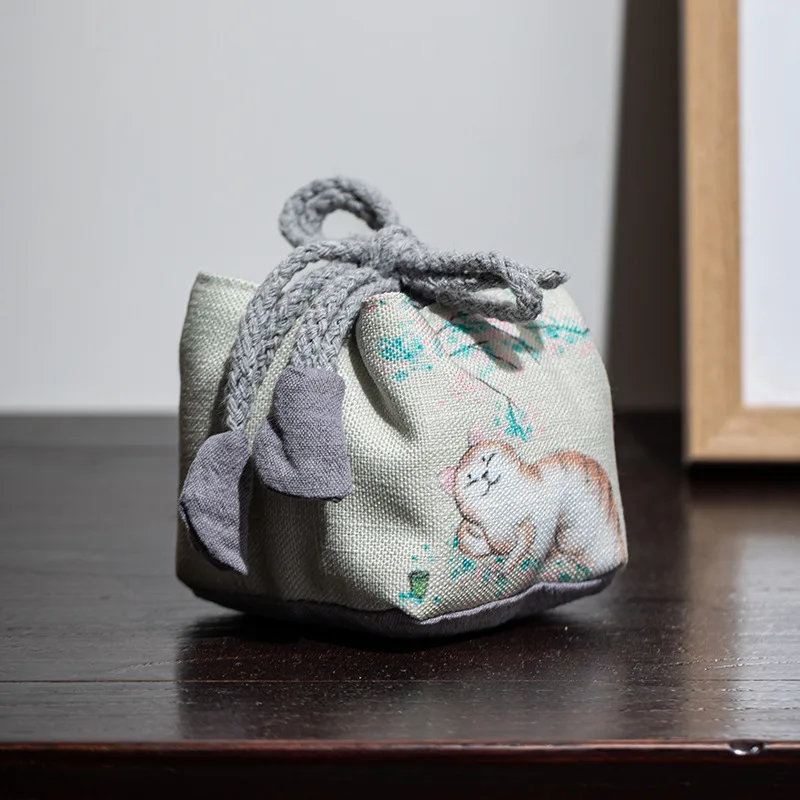 Retro Painting Cat Art Teaware Storage Bag Outdoor Travel Tea Set Tea Cozies Silk Teapot Teacup Cloth Bag Nut Protection Package