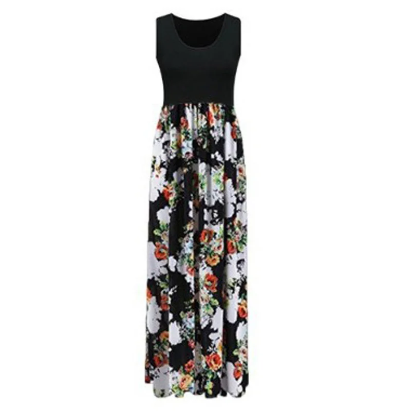 

Women's Dresses Round Collar Splicing Sleeveless Slim Printed Summer Long Dresses Plus Size 3XL