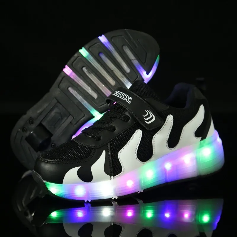 Черный Светодиодный Heelys обувь с крыльями автоматическая лампа мигающая Спортивная повседневная обувь Детские кроссовки модные дышащие для мальчиков девочек розовый - Цвет: Черный