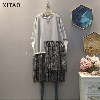

XITAO Korean Style Splicing Mesh Women Dress Fashion Plus Size Dresses Loose Ripped Long Sleeves Trend Spring 2020 New DMY2409