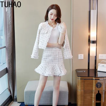 

TUHAO 2020 Spring Fashion Korean Style OL Office Plaid Wear 2 Pieces Set Women Vintage Lattice Outwear Coat Bodycon Skirts LZ52