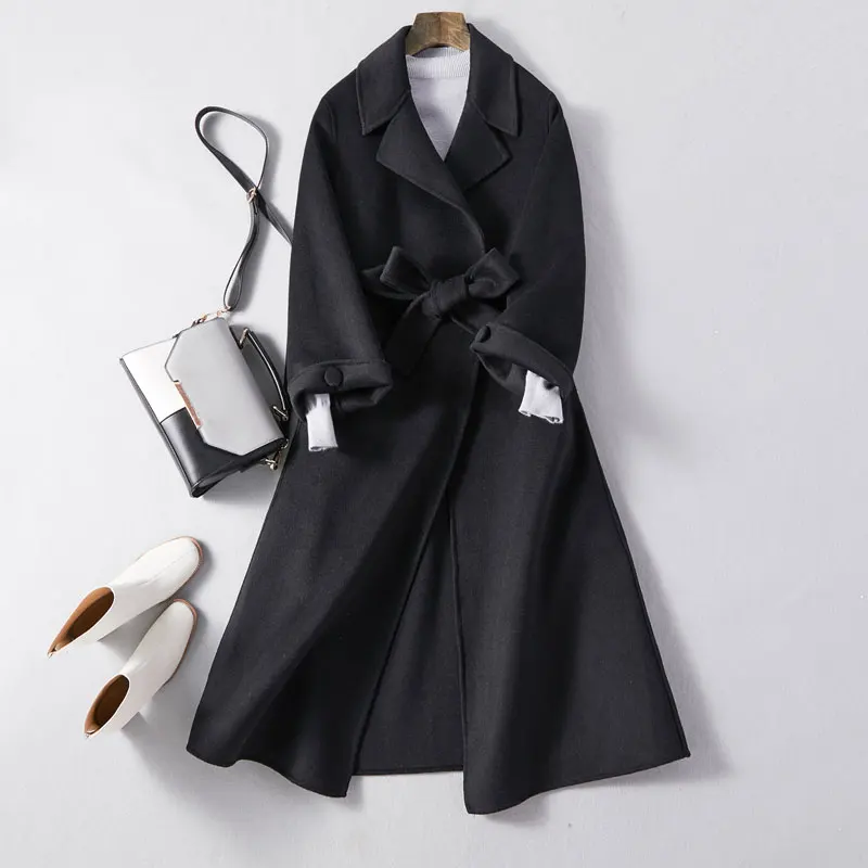 black Корейская мода размера плюс свободное двухстороннее шерстяное пальто со шнуровкой и поясом шерстяная Смешанная куртка длинное теплое пальто Женская куртка пальто - Цвет: black