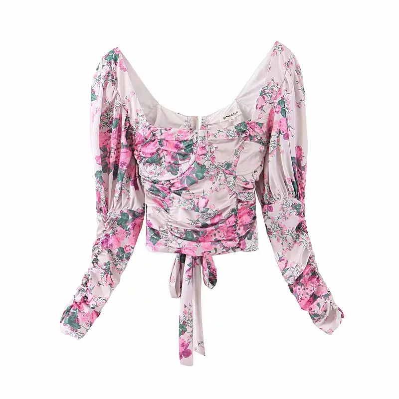 Bazaleas, Ретро стиль, длинный рукав, blusas mujer de moda,, весна, дворец, розовый, цветочный принт, женская блузка, тонкая, открытая, рубашка - Цвет: 7441 pink YF46