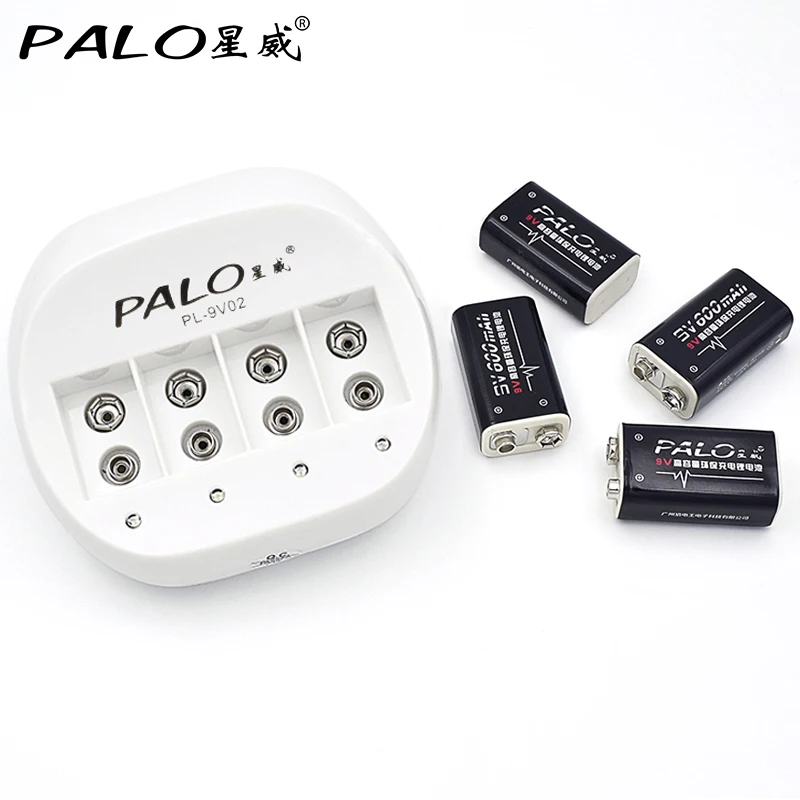 

Original EU PALO 9V Battery Charger for Rechargeable 6F22 9V Lithium Ni-MH Ni-CD Battery+4pcs 9V 600mAh Li-ion Batteries