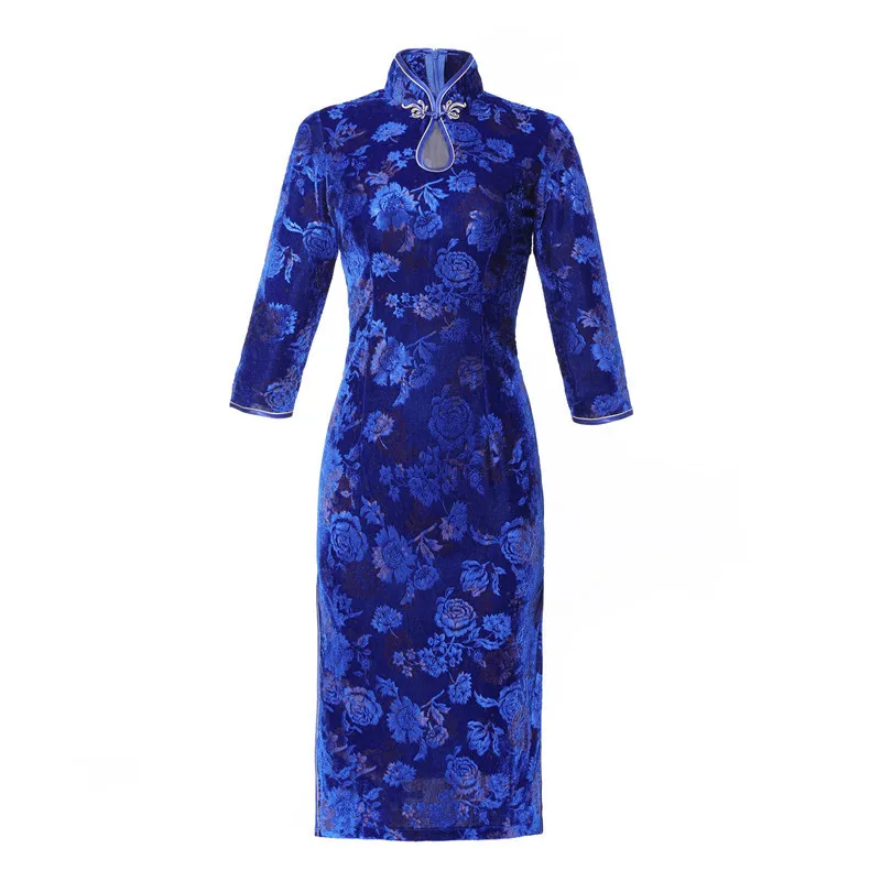 

Qipao Long Cheongsams Dress Chinese Women Cotton Velvet Traditional Vintage Retro Floral Printed Autumn Winter Cheongsam Robe