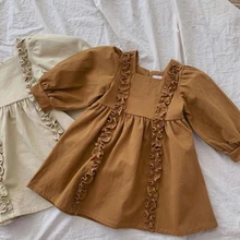 Новинка года; платье принцессы в корейском и японском стиле для маленьких детей; весеннее повседневное льняное Хлопковое платье для маленьких девочек с длинными рукавами в стиле ретро