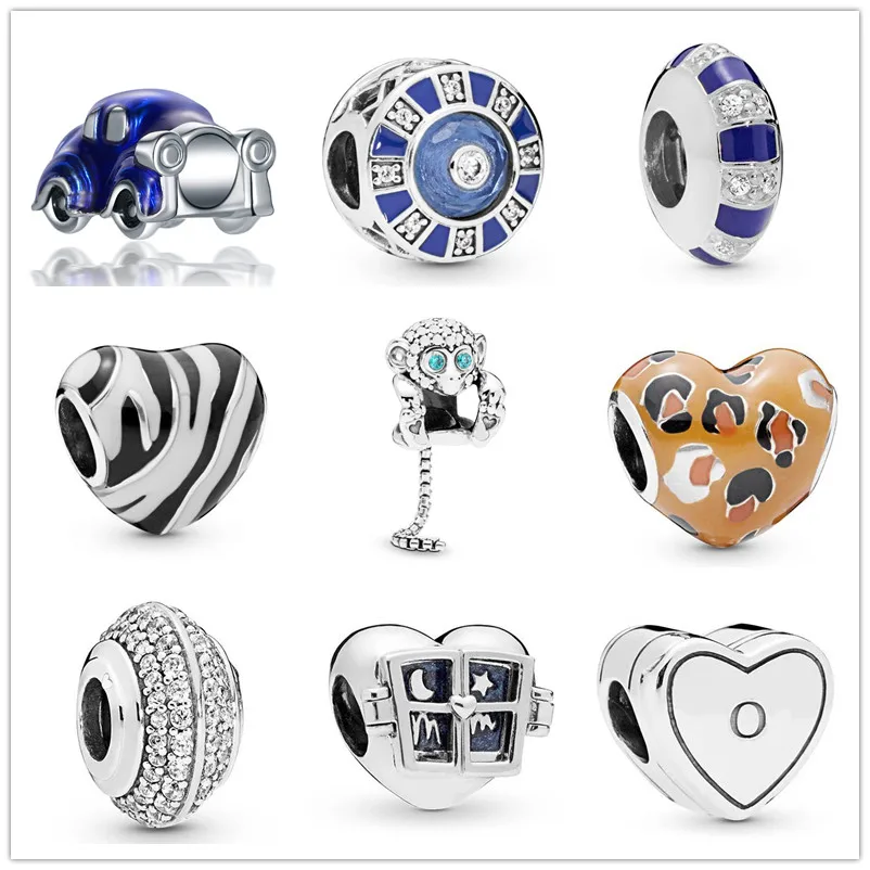 

new 1pc Blue Mosaic Wild Stripes Heart Sparkling Monkey Charm Spotted Heart DIY bead Fit Pandora Charms Bracelet for women EL193