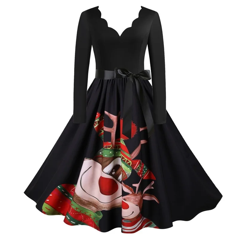 Black Big Swing Print Vintage Christmas Dress Robe Women Winter Casual Long Sleeve V Neck Elegant New Year Party Plus Size | Женская