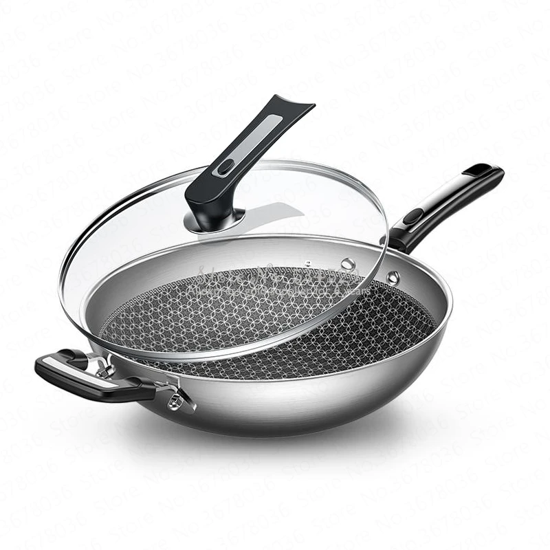 29%Wok non-stick pan 304 stainless steel less smoke multi-function household cooking pot induction cooker gas for wok