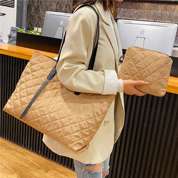 

Classic Diamonds Lattice Shoulder Women Bag 2 Pieces Set Nylon Lady Tote Shopping Bags Big Square Ladies Handbags Purse Clutches