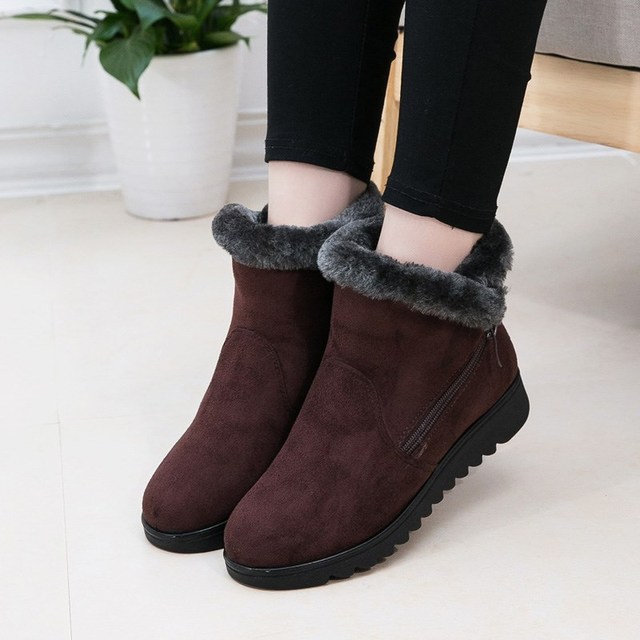 snow boots women flat with warm Fur suede wedge ankle boot women casual shoes zipper footwear plus size black red shoes