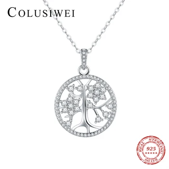 

COLUSIWEI Trendy Sterling Silver 925 Tree of Life AAA Zircon Round Pendant Necklaces for Women Original Wedding Jewelry Gift