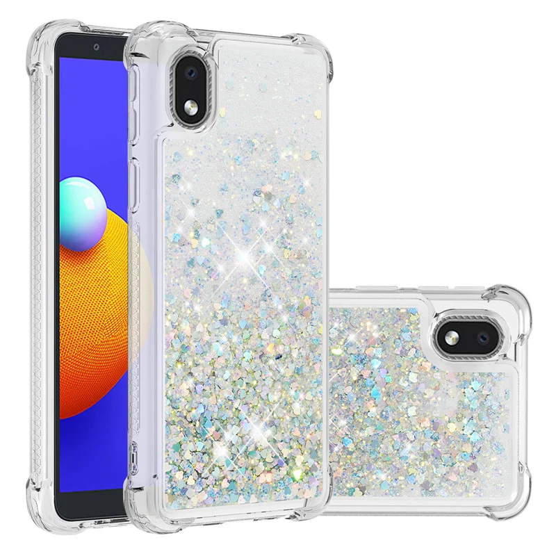 

Quicksand Phone Case For Samsung Galaxy A01 Core Glitter Love Heart Sequins Dynamic Liquid Soft shockproof Airbag Back Cover