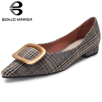 

BONJOMARISA New Fashion Genuine Leather Flats Pointd Toe Metal Buckle Shallow Gingham Shallow Flats Women Casual Shoes Woman