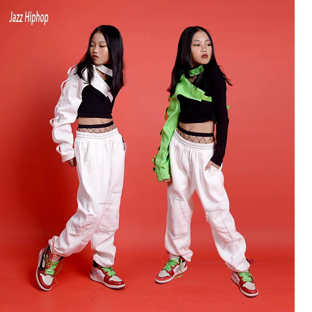 Джазовые танцевальные костюмы для девочек, детская одежда в стиле хип-хоп для детей, комплект с одним рукавом, уличная танцевальная одежда для выступлений DQS2974