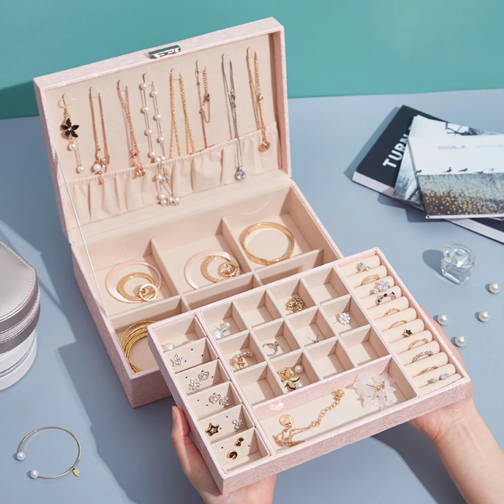 Jewelry Box for Necklace Watch Cosmetics Lipstick Storage Case Two Layer PU Leather Solid Color - White/Pink