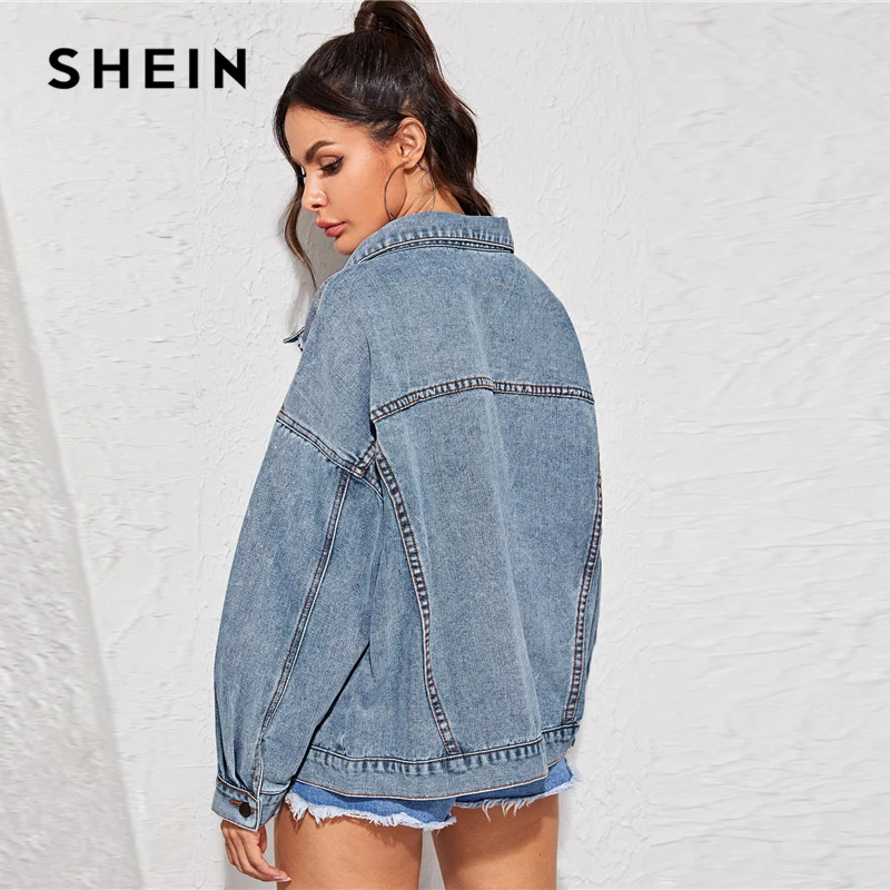 SHEIN синий однобортный пуговица спереди джинсовая куртка пальто Женская Осенняя уличная отложной воротник двойной карман Повседневная Верхняя одежда