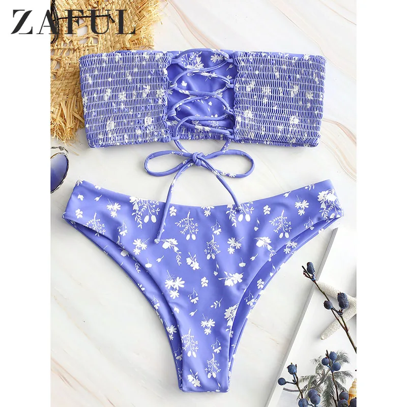 

ZAFUL Floral Lace-up Shirred Bandeau Bikini 2019 Strapless Smocked Bikini Unlined Wire Free Swimsuit Summer Beach Wear Biquini