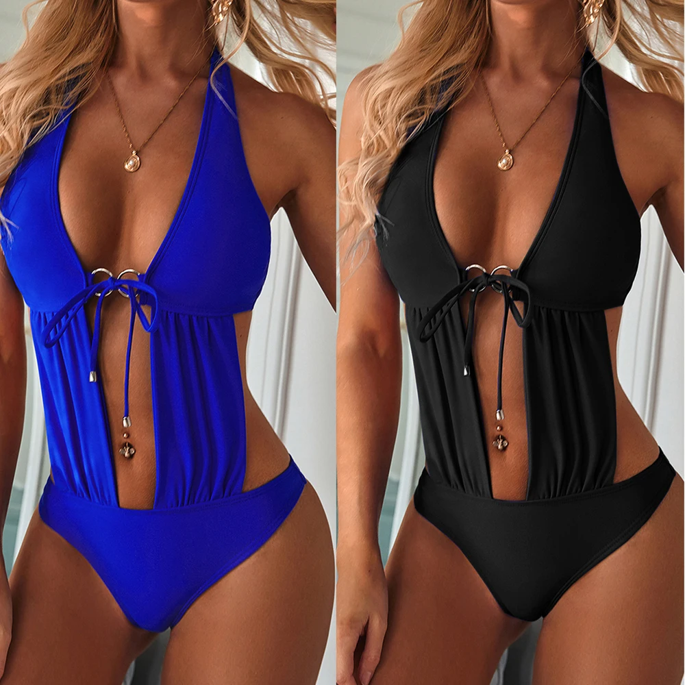 

2020 Solid Sexy One Piece Swimsuit Women Swimwear Deep V Monokini Bodysuit Backless Bathing Suit Beach Wear High Cut Swim Suits