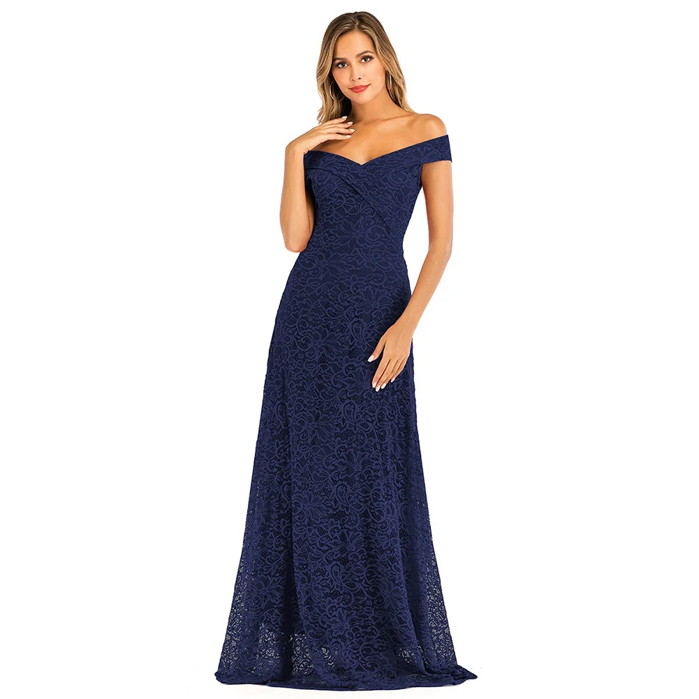 new lady off-shoulder lace sexy long dress women banquet elegant solid slim dress