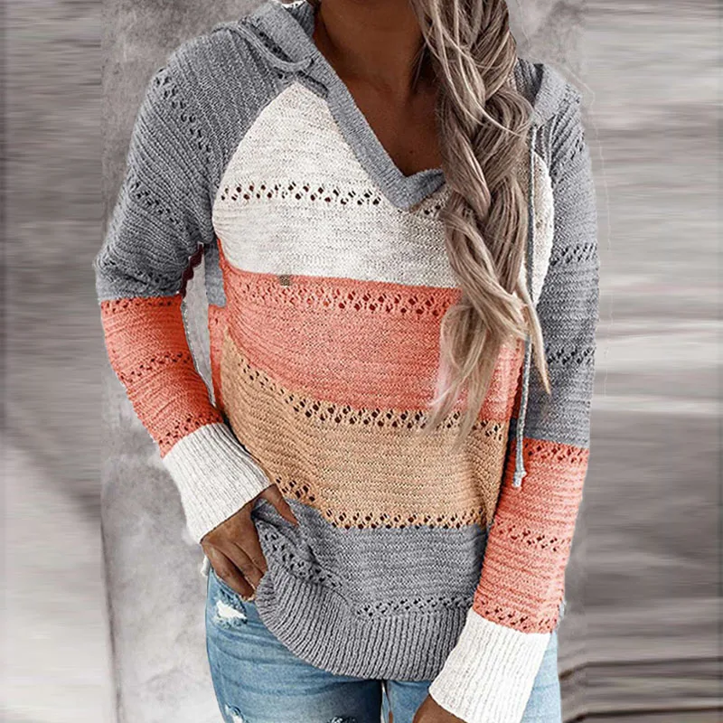 

Womens Knitted Hoodies Spring Striped Patchwork Hooded Sweatshirt Casual V-Neck Long Sleeve Plus Size Female Hoody Pullover Tops