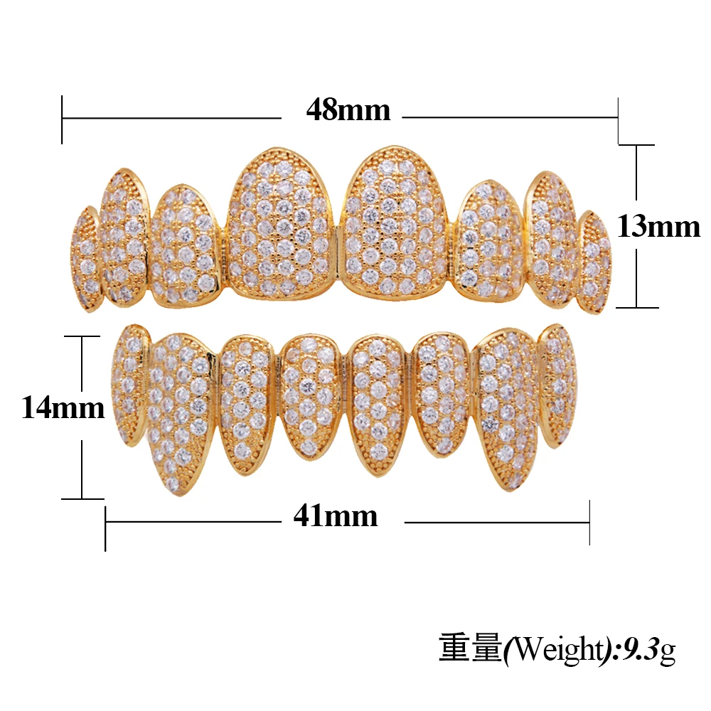 LuReen Iced Out Grillz Vampire Fangs Grillz Top Bottom Gold Teeth Hip Hop Tooth Caps CZ Crystal Bling Grillz Rapper Jewelry