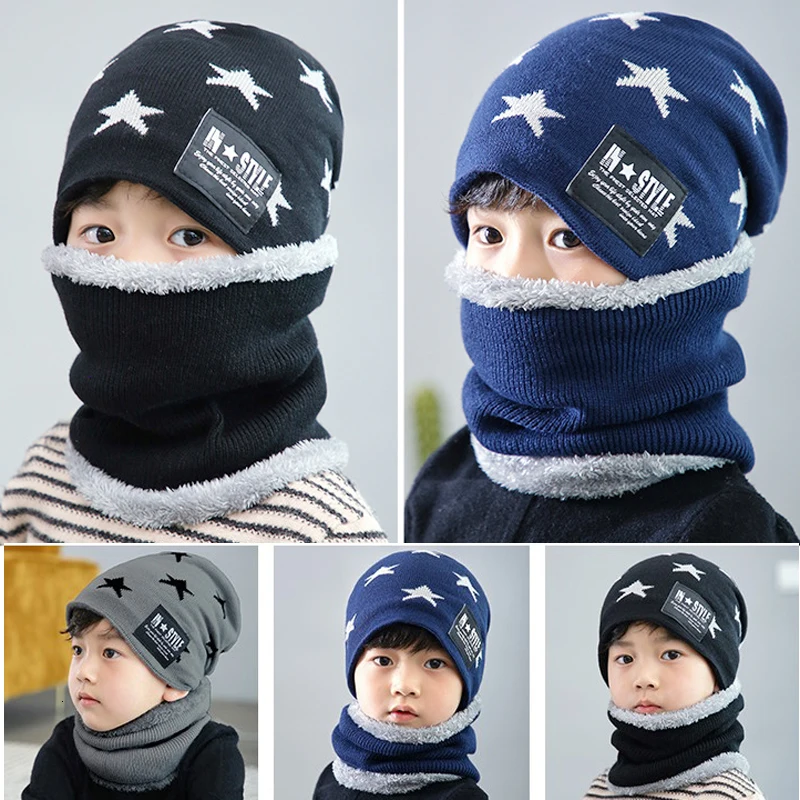 2Pcs Children Warm Winter Thick Knitted Hat With Scarf Set Handmade Crochet Beanies Baby Muts For 3-10 Years Old Kids Beanie