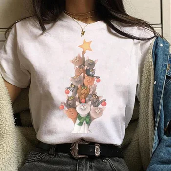 

YEMUSEED New Women T-shirt Christmas Cats Print Tops Casual Tee shirt O-Neck T-shirt FFV288