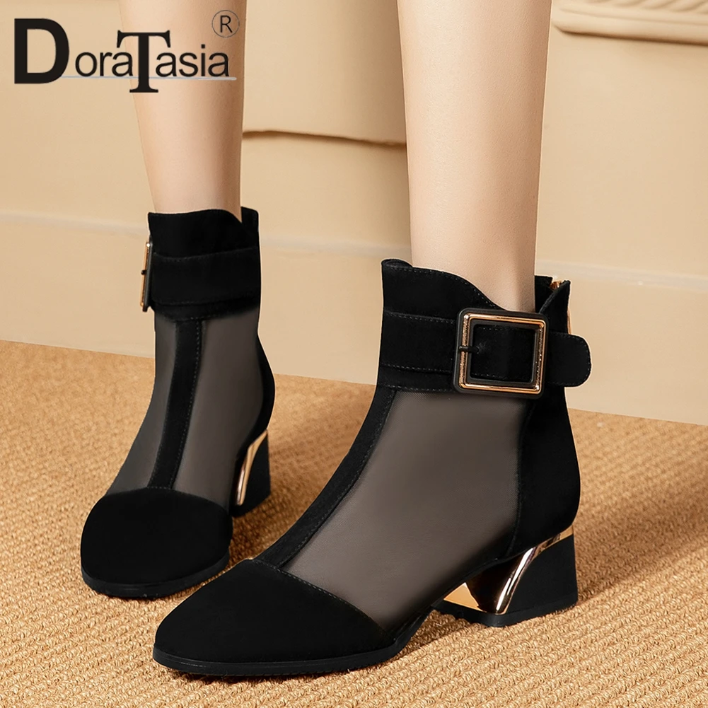 

DORATASIA Fashion Hot Lady Genuine Leather Summer Boots Office Med Heels Boots Women Sexy Buckle Metal Ankle Shoes Woman