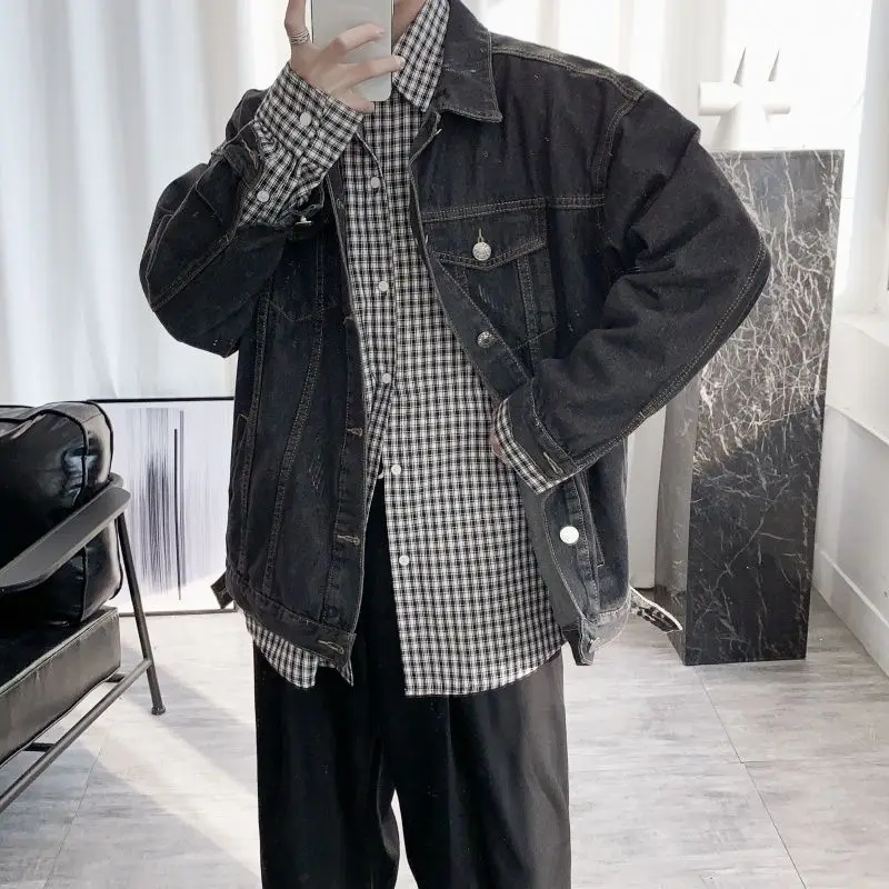 

Spring Denim Jacket Men's Fashion Solid Color Casual Retro Denim Jacket Men Streetwear Loose Hip Hop Bomber Jacket Men M-2XL