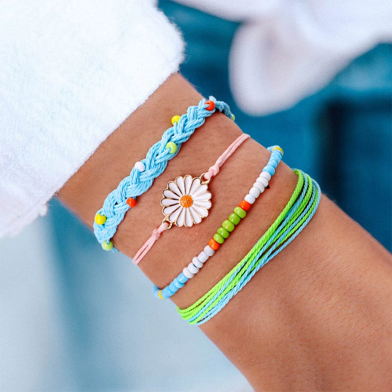 

4pcs/set Bohemian Waterproof Wax Rope Woven Daisy Sunflower Color Beads Bracelet Set