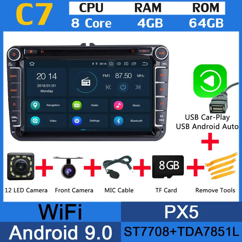 PX6 4G+ 64G Android 9,0 автомобильный DVD gps Raido для VW Skoda Seat Bora Jetta Golf Plus Passat CC Touran Tiguan Sharan Polo DSP CarPlay - Color: PX5 USB CarPlay