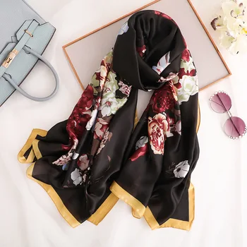 

2020 Luxury Brand New Scarf Printed Black shawls and wraps silk scarf for women floral femme hijab foulard