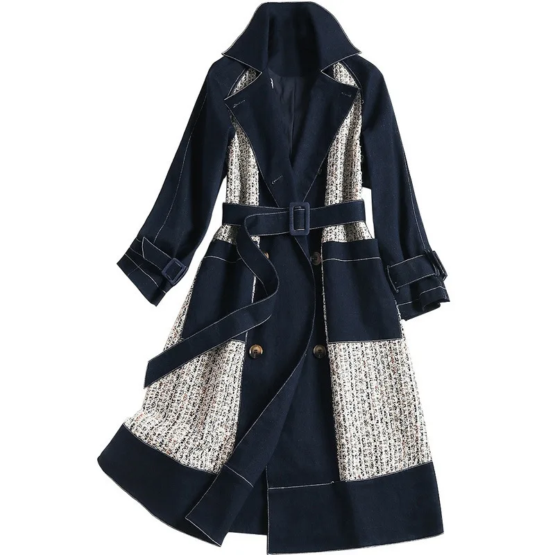 

2019 Winter Long Outer Color Patchwork Mid-Calf Woolen Wind Coat Sashes Slim Office Work Casual Denim Trench