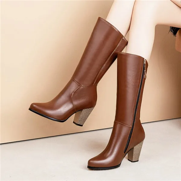 Винтажные женские кожаные ботинки на квадратном каблуке на молнии; теплые ботинки на квадратном каблуке; ботинки до середины икры с круглым носком; zapatos de mujer
