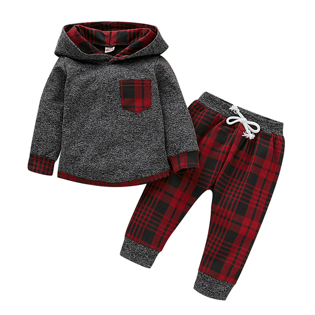 Комплекты зимней одежды для младенцев костюм для маленьких мальчиков и девочек клетчатый пуловер с капюшоном топы и штаны теплый мягкий комплект одежды roupas infantil