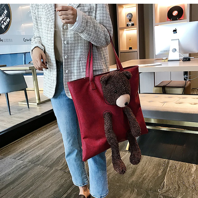 Милое модное плюшевое украшение для медвежонка из искусственной кожи Женская Большая вместительная сумка для покупок сумка на плечо женская сумка-кошелек
