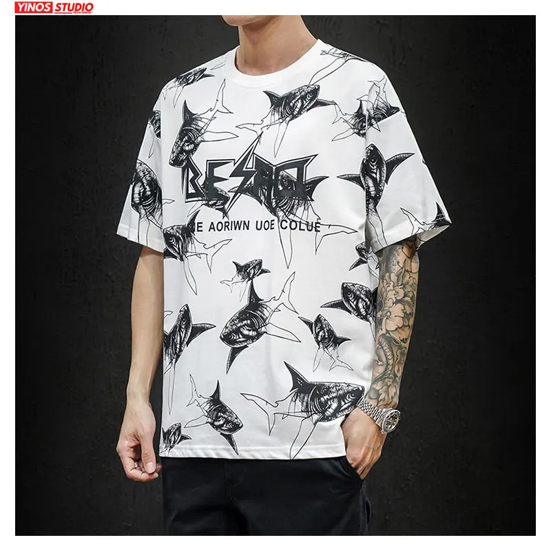 

Dropshipping 2020 Fashion Short Sleeve Tops Spring Streetwear Causal Tee Letter Shark Print Harajuku T-shirts M-4XL