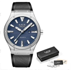 Silver blue LIGE мужские часы с силиконовым ремешком, мужские военные спортивные часы, мужские водонепроницаемые часы из нержавеющей стали, золотые кварцевые часы, мужские часы - Цвет: Silver blue